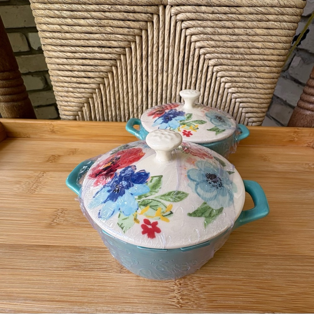The Pioneer Woman teal Melody Floral stonewear mini casserole Dish with lid NWT